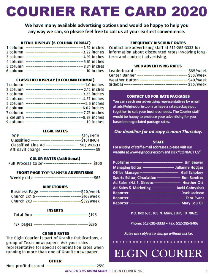 Elgin Courier Rate Card