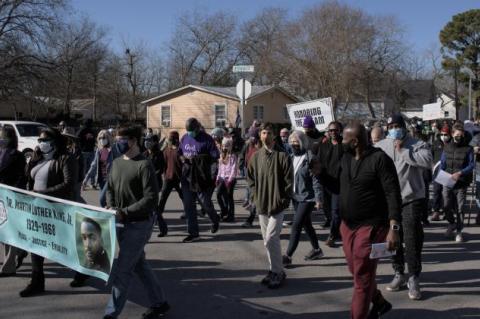 Representatives from Elgin helped lead the way during the first section of Bastrop County’s annual Martin Luther King, Jr. Holiday Walk in Bastrop on Monday morning. Photo by Julianne Hodges   Photo by Julianne Hodges