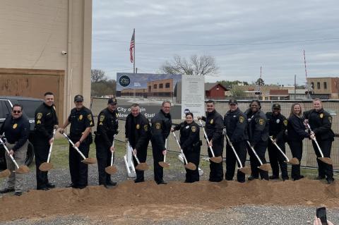 Elgin Police Officers break ground at the site of the new planned police station March 20. Pictured are, from left, Commander Aaron Crim, Corporal Ted Hernandez, Sgt. Todd Johnson, Sgt. Cameron Jonse, Corporal Jordan Real, Corporal John Stone, Chief Chris Noble, Officer Lucero Dominguez, Corporal Marco Solorio, Officer Colten Briss, Officer Tametra Cook, Officer Christian Baldwin, Animal Control Officer Jayme Myrick, Corporal Mary Majefski and Corporal Michael Tanzino.  Courtesy photo