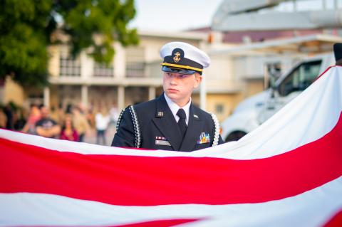 Cadet Lieutenant James Ponticelli, NJROTC, overlooks the American flag during Bastrop High School’s Patriot Day ceremony in Bastrop Sept. 9. Courtesy photo