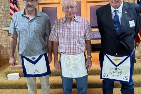 From left, Ray Works, Jimmie Lee Christensen and Buddy Hoffman celebrate Christensen’s 65-year membership in Elgin Lodge No. 328 Sept. 12 in Elgin. Courtesy photo