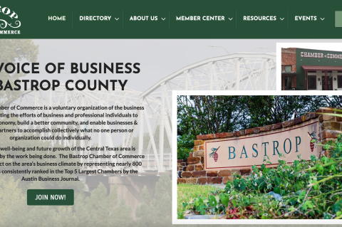 The top of Bastrop Chamber of Commerce’s website homepage looks like this as of this month. Captured via screenshot / www.bastropchamber.com.