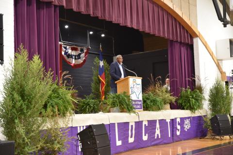George McShane speaks at the Founder’s Day Birthday Bash at Booker T. Washington Elementary School in Elgin Aug. 20.   Courtesy photo
