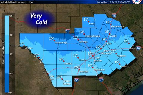 Here’s what Friday’s lows in south central Texas were forecast as of Monday, Dec. 19. Courtesy graphic / National Weather Service