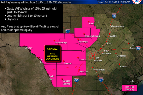 At least western portions of the Hill Country will have critical fire conditions Wednesday, Feb. 22. Graphic by National Weather Service Austin/San Antonio Office
