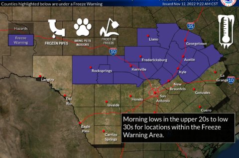 The National Weather Service issued this Freeze Warning Saturday, Nov. 12. Graphic by National Weather Service Austin/San Antonio Office.