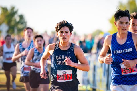 Cedar Creek High School boys varsity cross country senior runner Alejandro Ruiz competes Nov. 3 during the 5A state meet held at Old Settlers Park in Round Rock. Photo courtesy of Bastrop ISD
