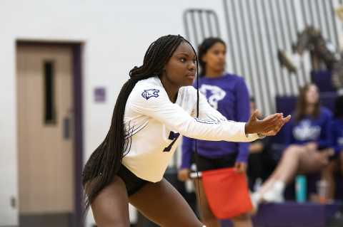 Lady Wildcats varsity volleyball senior Avanity Pleasant locks in defensively on Aug. 25 during Elgin’s home match vs. Meridian World School. Photo by Marcial Guajardo