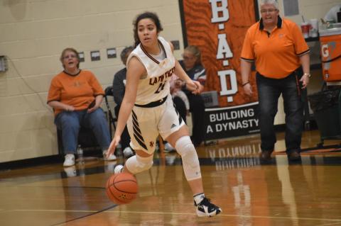 Arabella Gutierrez races up the court, leading a fast-paced attack for the Lady Tigers offense. Photo by Quinn Donoghue