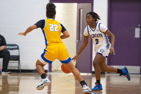Elgin High School girls varsity basketball sophomore Sharmonique Williams (3) dribbles the ball upcourt Dec. 5 during the Lady Wildcats’ district home game against Pflugerville High School. Photo by Marcial Guajardo