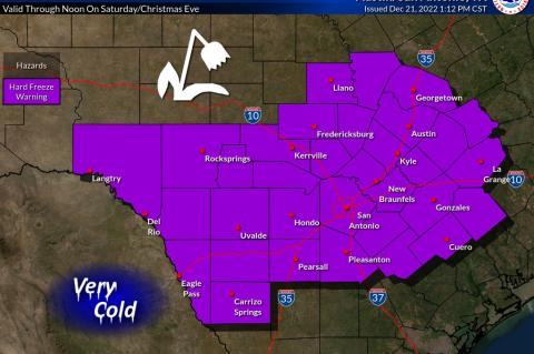 As such, the National Weather Service has issued a Hard Freeze Warning for the county from 6 p.m. Thursday, Dec. 22, through noon Christmas Eve on Saturday, Dec. 23. Twitter / NWS Austin/San Antonio