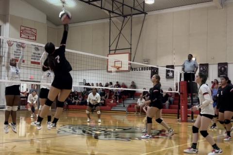 McDade High School varsity volleyball junior Lauren Glosson (7) goes up high to spike the ball on Sept. 19 during the Lady Bulldogs’ home match victory vs. Dime Box High School. Photo courtesy of Aaron Hallford