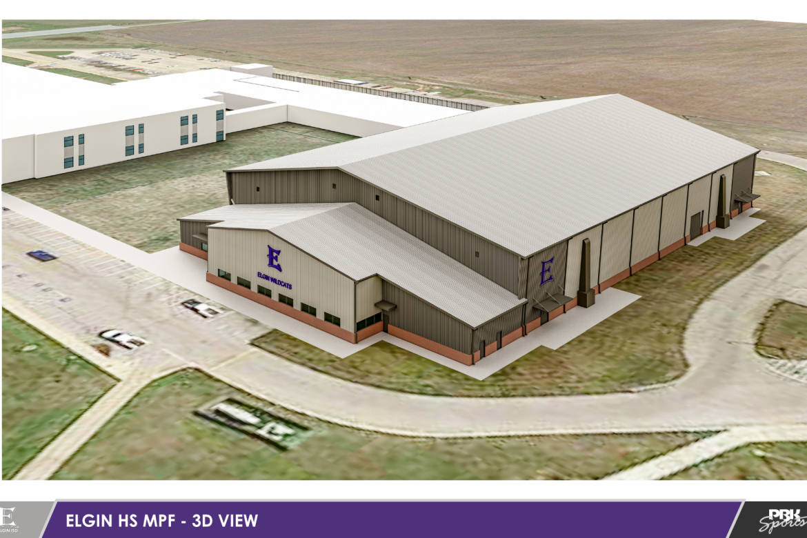 Elgin ISD’s multipurpose facility designs are illustrated here from the exterior. Graphic by PBK Architects